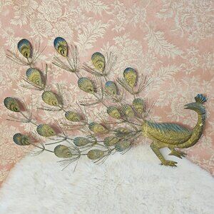 Vtg Peacock Wall Hanging Art Metal Pair Faux Copper Mid Century